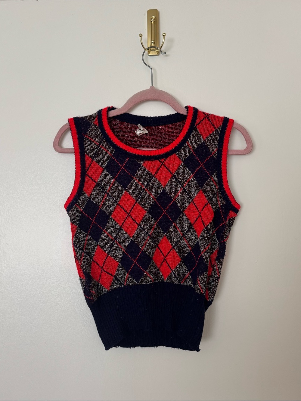 Vintage Handmade Red & Navy Argyle Knit Sweater Vest
